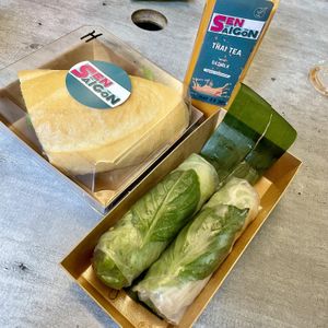 Vegan Ham Banh Mi, King Oyster Mushroom Summer Rolls, Oatmilk Thai Teaa  at Sen Saigon in New York City