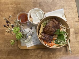 BUn Thit Nurong (vermicelli with vegan ribs and vegan fish sauce). at Sen Saigon in New York City