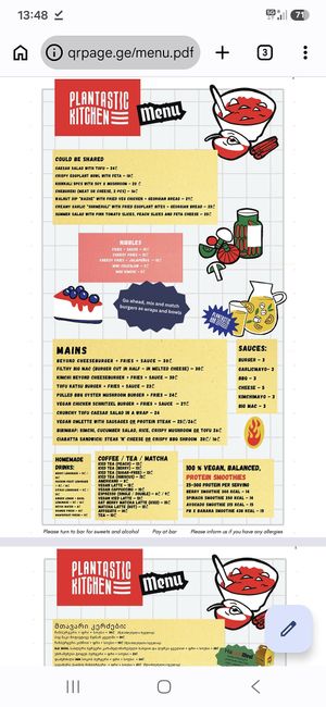 Menu at Plantastic Kitchen in Tbilisi