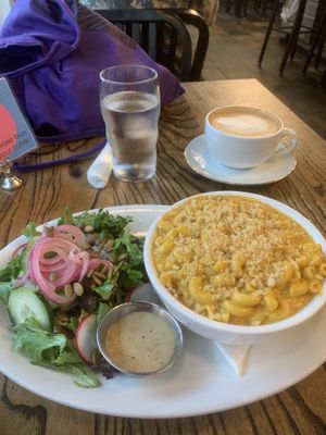 Vegan mac and cheese with side salad  at Bang Bang Cafe in Seattle