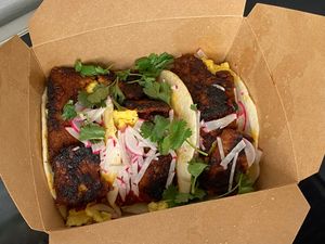 “Three Amigos” breakfast tacos w/added tempeh (takeout) at Bang Bang Cafe in Seattle