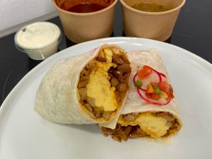 breakfast burrito - xmas style - sauce on the side (plated at home) at Bang Bang Cafe in Seattle