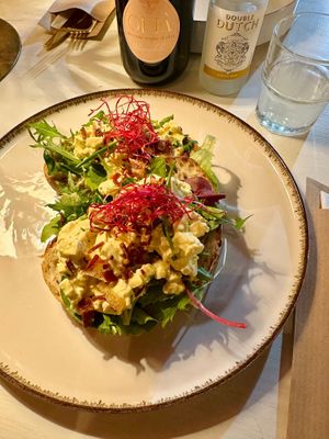 Plant based home made egg salad and plant based bacon toast at avant garden in Maastricht