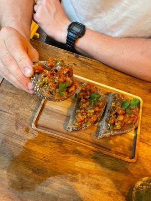 Brushetta (this had very special flavours). Don’t mind the fact that we spilled our drink on the table. at avant garden in Maastricht