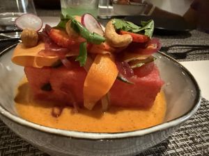 Watermelon strawberry gazpacho   at Origins  in Tamarindo