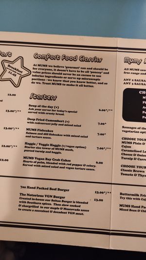 Menu at MUMS Great Comfort Food in Edinburgh