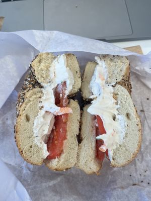 Everything bagel w tofu veggie cream cheese and tomato  at Liberty Bagels - Wall Street in New York City