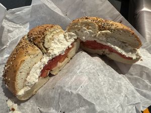Everything bagel with tofu cream cheese and tomato   at Liberty Bagels - Wall Street in New York City