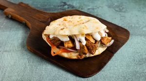 Kebab Handwich with seitan kebab, coconut yogurt, tomatoes, onions, parsley and sweet paprika at Handwich in Athens