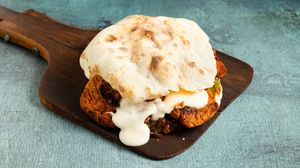 Smokey Steak Handwich with smoked soya steaks, smoked mayo, caramelised onions, pickles and BBQ sauce at Handwich in Athens