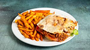 PLUS The Bear Handwich with pulled soya in Demi glace gravy with smoked aubergine, tomatoes, grated cheese and crunchy fries at Handwich in Athens