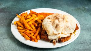 PLUS Smokey Steak Handwich with smoked soya steaks, smoked mayo, caramelised onions, pickles, BBQ sauce and crunchy fries at Handwich in Athens