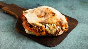 The Bear Handwich with pulled soya in Demi glace gravy with smoked aubergine, tomatoes and grated cheese at Handwich in Athens