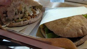 Standard gyros (left) and hangover gyros (right) at Handwich in Athens