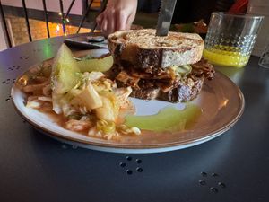 Vegan Jackfruit Pastrami Sandwich served with homemade Kimchi.  at Christie's Urban Bistro in Budapest