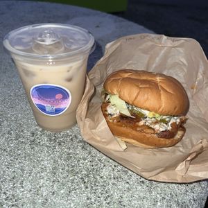 Chai latte and hot chicken sandwich  at Pink Moon Cafe - Food Truck in Courtenay