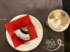 soy cappuccino and chocolate and salted caramel cake  at Ko.bo Vegan in Milan