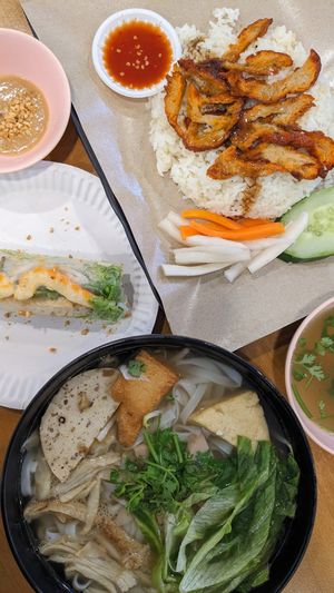 Vegan Chicken Pho, Char Siew Rice, Summer Roll at VeganPho - Lucky Plaza in Central Singapore