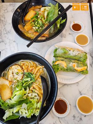 Crab Noodle, Spicy Beef Noodle and Spring Roll. at VeganPho - Lucky Plaza in Central Singapore