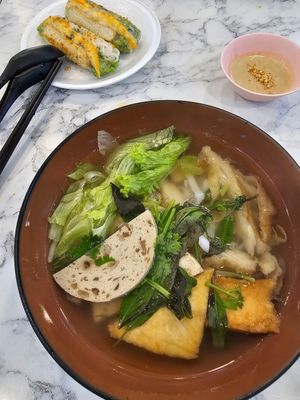Chicken Pho and Spring Roll. at VeganPho - Lucky Plaza in Central Singapore