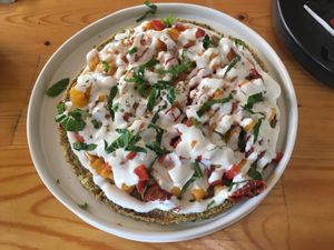 Hawaiian pizza 220 baht  at Rasayana Raw Food Cafe in Bangkok