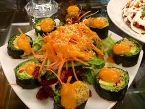 Vegan sushi with fake salmon. Doesn't taste like salmon but still very good! at Rasayana Raw Food Cafe in Bangkok