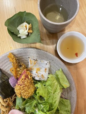 This leaf-dish is great: coconut and pineapple   at Homie Vegan in Hanoi