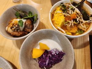 Noodles and mango sticky rice!!! at Homie Vegan in Hanoi