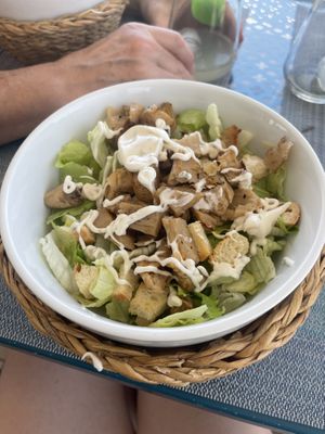 Vegan Cesar salad - simple but delicious (had a really good faux chicken included)  at Cappuccino Grand Cafe in Lanzarote