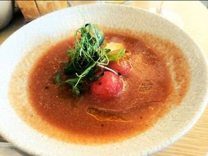 Cold melon and tomato soup (vegan). Seasonal. at Franquette in West Sacramento