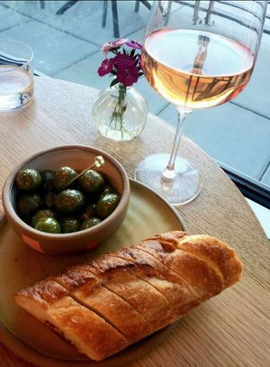 HH vegan offerings. Confirmed the baguette is vegan and the marinated olives were fantastic. at Franquette in West Sacramento