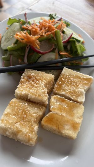 Fried tofu (comes with salad, rice and miso soup)  at Pan De Vida - Granada in Granada