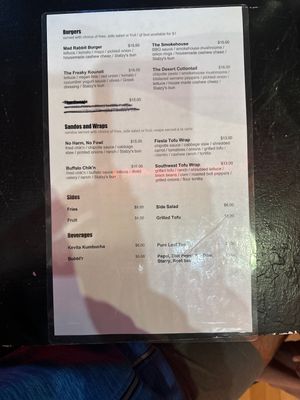 Back of menu as of 10/4/24  at Mad Rabbit Cafe in Madison