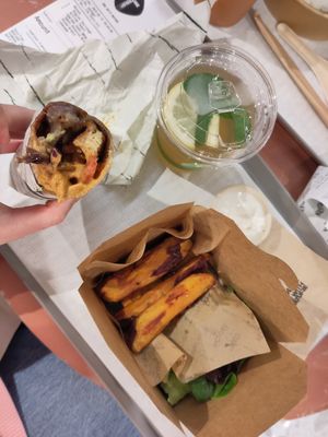 Bad picture, but it shows a banyan wrap, sweet potato fries and an iced lemon tea. at TREEHOUSE - Tsim Sha Tsui in Kowloon