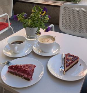 Vegan raspberry chocolate cake and vegan sour cherry cheesecake at Zoya Shop 3 in Sofia