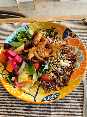 Mix salad with vegan chicken at Dragonfruit Café in Whangarei