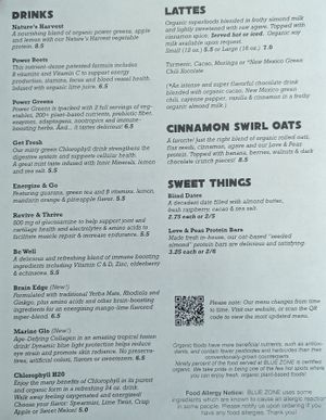 Menu at Blue Zone in Espanola