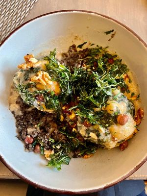 dumplings & lentil salad at Dragseth's Gasthof in Husum