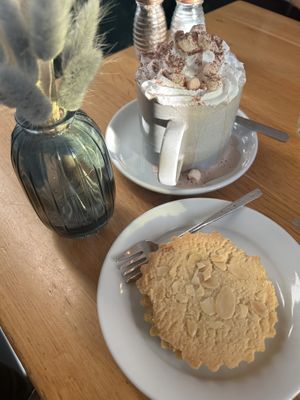 Vegan hot choc and apple crumble tart  at Roast & Toast Cafe in Sowerby Bridge