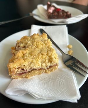 Vegan strawberry & rhubarb crumble, vegan rocky road  at Roast & Toast Cafe in Sowerby Bridge