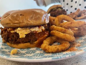 Hottville Sandwich + Onion Rings   at Cosmic Bird in Louisville