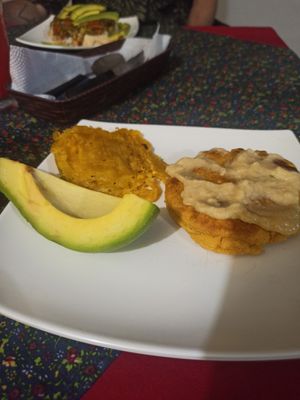 Corn pie, plantan and avocado at Govindas Vegetarian Food & Yoga in Leticia