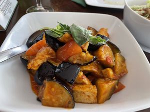 Aubergine in spicy „seafood“ sauce  at Leaf Vegetarian in Rotterdam