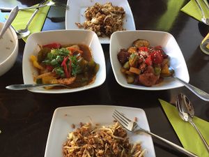 Tom yom curry and the soyaribs in Beijing sauce at Leaf Vegetarian in Rotterdam