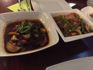2 main dishes: 'fish' in Szechuan sauce & malaysian faux 'lambs-meat' at Leaf Vegetarian in Rotterdam