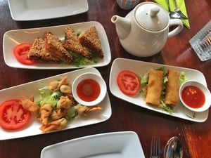 Prawn toast (one of my fav dim sum dishes), Indonesian pangsit, Spring rolls - all vegan at Leaf Vegetarian in Rotterdam