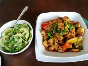 Szechuan Tofu with cucumber Salad at Leaf Vegetarian in Rotterdam