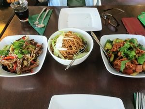 Crispy Bacon, Baked Noodles, Chicken in XO sauce at Leaf Vegetarian in Rotterdam