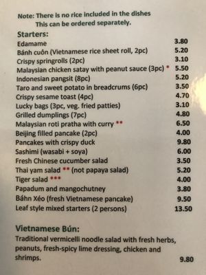 Menu at Leaf Vegetarian in Rotterdam
