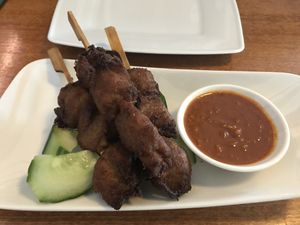 Malaysian chicken satay with peanut sauce at Leaf Vegetarian in Rotterdam